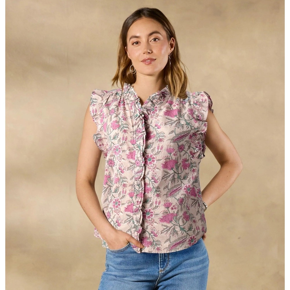 Sundance Milla Floral Top Dylan Ruffled Sleeveless Button Blouse Medium Pink Tan